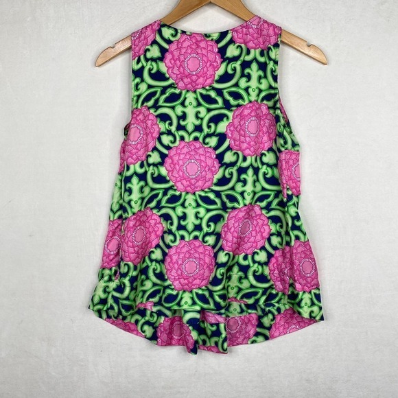 Lilly Pulitzer Private Property Tara Green Floral Pink Shell 100% Silk Top Size2 - Picture 6 of 7